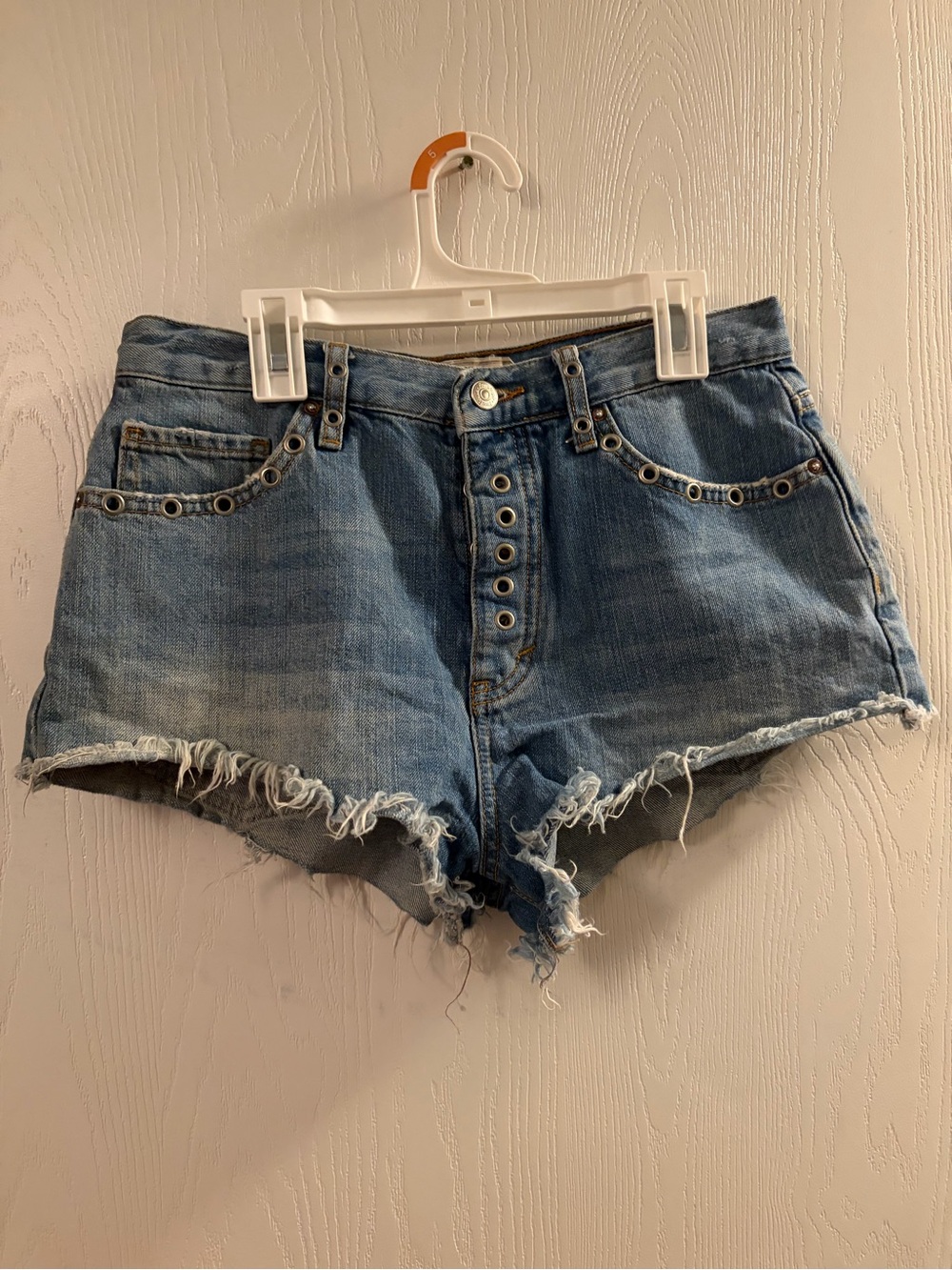 Free People Light Blue Distressed Denim Shorts with Eyelet Trim